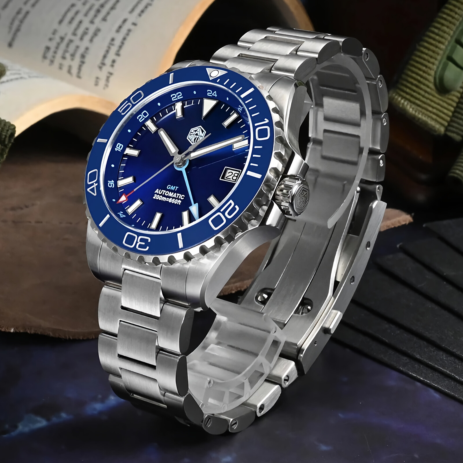 SAN MARTIN SN0136-G GMT Automatic Enamel Dial Stainless Steel 39mm Diver Watch