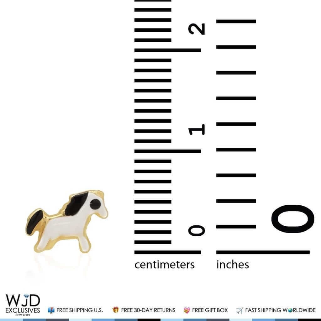 14K Solid Yellow Gold Black & White Enamel Horse Screwback Stud Kids Earrings