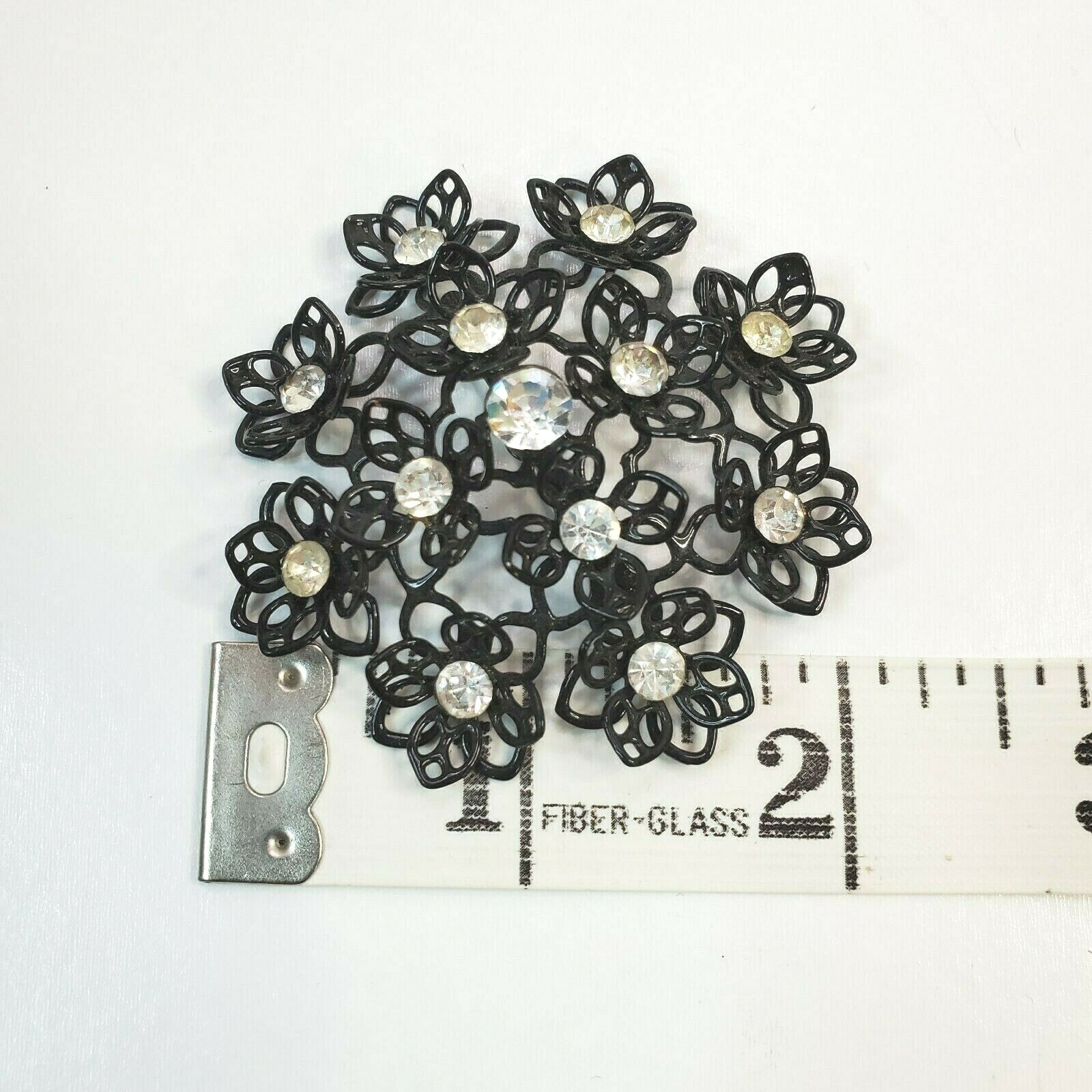 Vintage Large Coated Wire Black Flowers Floral Clear Rhinestones Brooch Pin