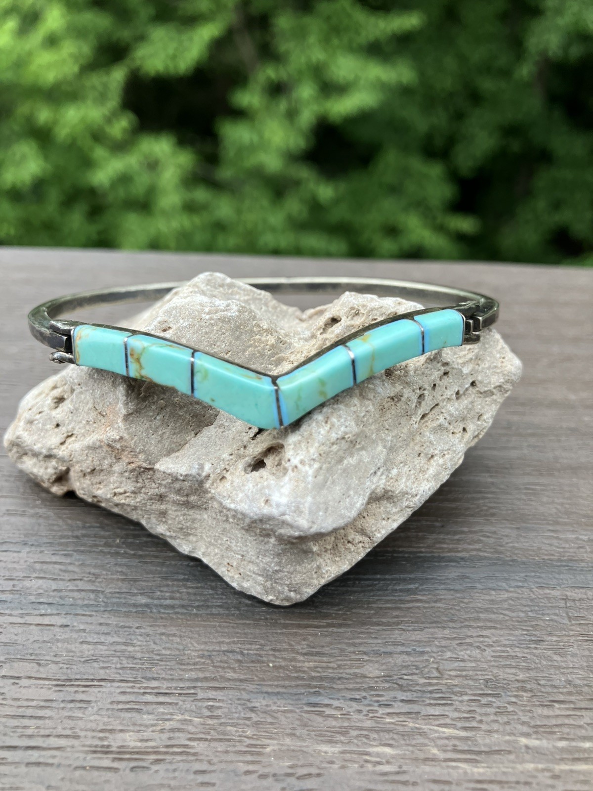 Vintage Mexico 925 Sterling Silver Turquoise Inlay 7 3/4” Hinged Bangle Bracelet