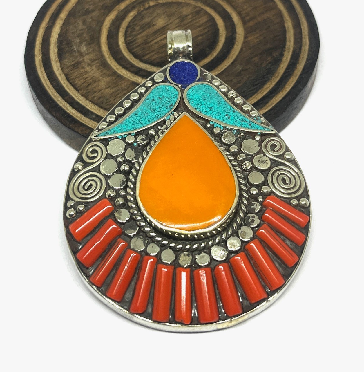 Antique Amber Coral Turquoise Gemstone Tibetan Style Pendant Jewelry, 2.9 inch