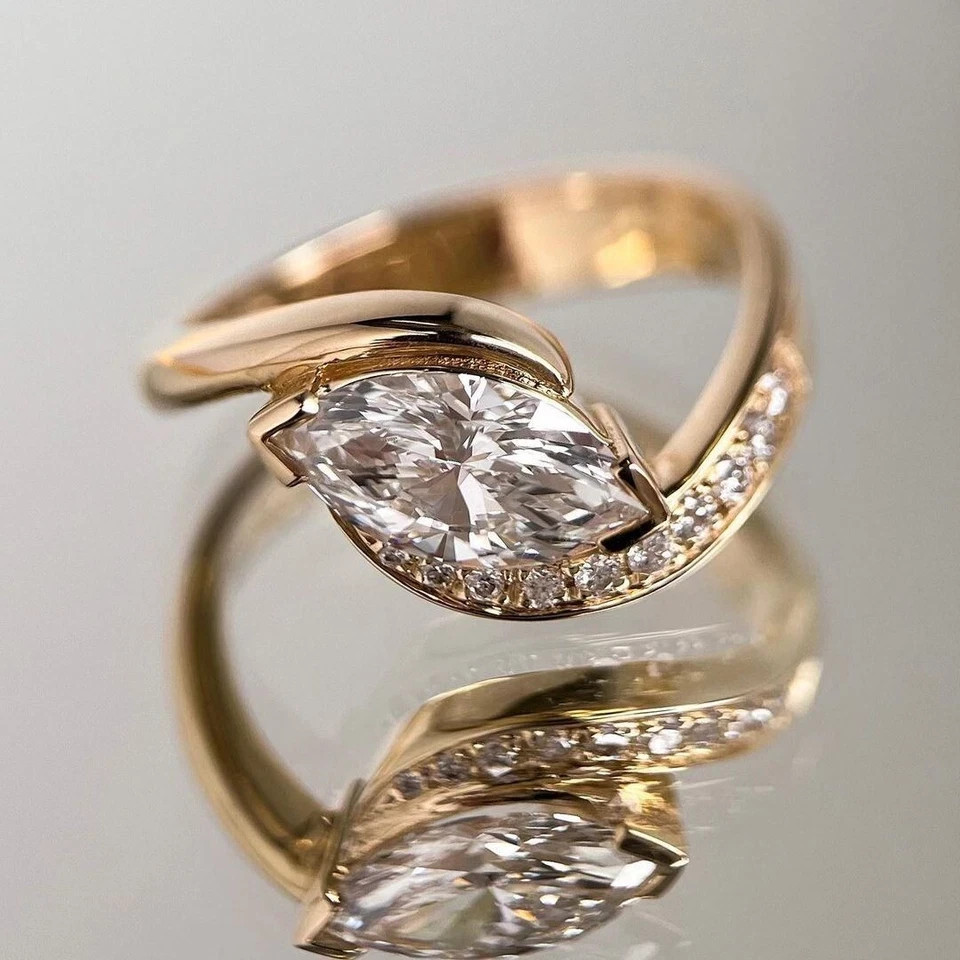 Halo 2 Ct Marquise 14k Yellow Gold Diamond Ring Lab Grown IGI Certified VVS E F
