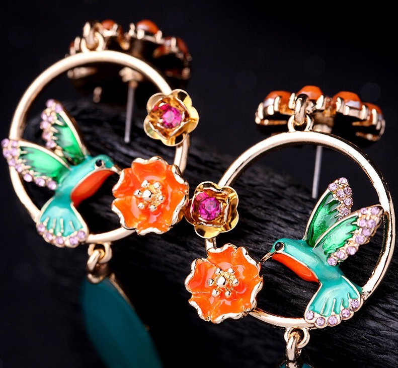 US Seller Betsey Johnson Antique Style Multi-colored Crystal Bird Earrings