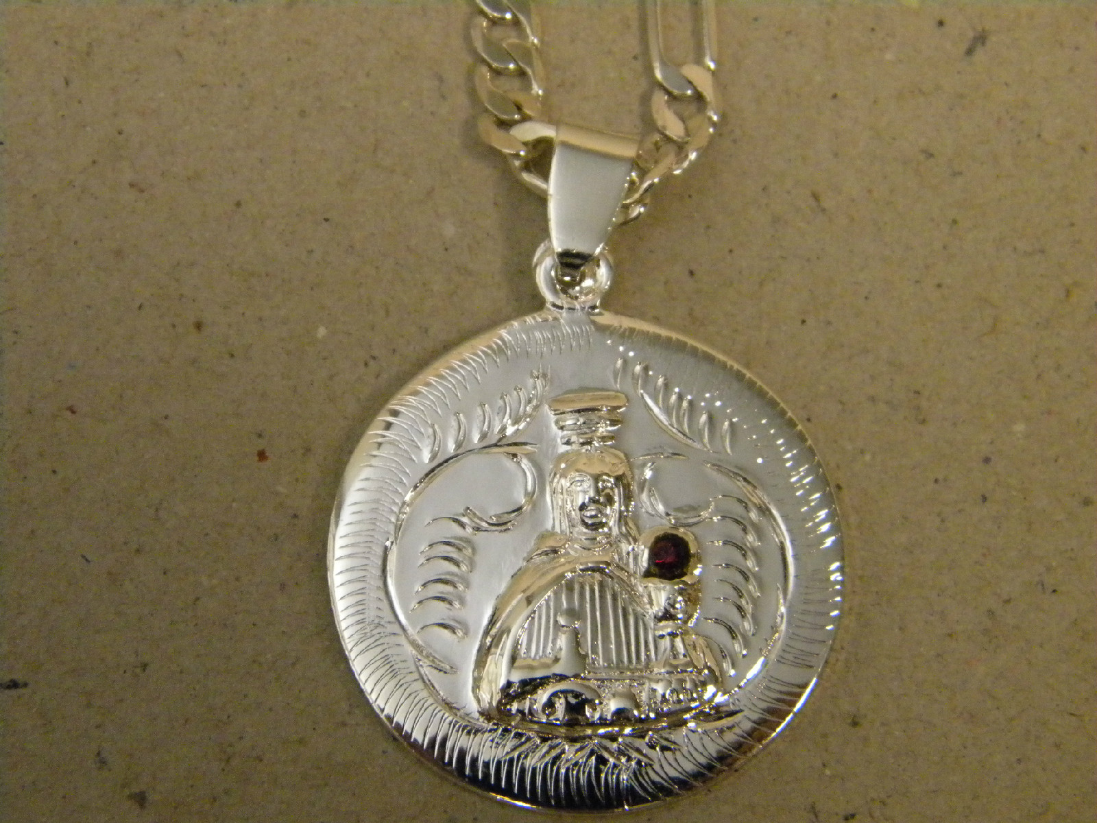 Men’s Lady’s Silver Plated Santa Barbara Red CZ Charm & Figaro Chain 24in 20in