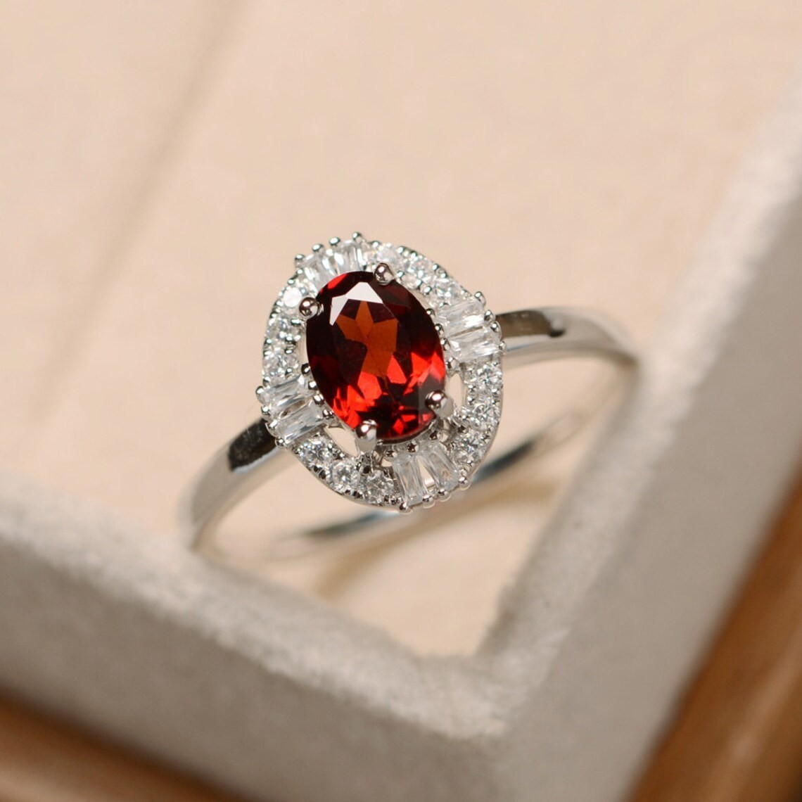 2CT Garnet Oval Gemstone 925 Silver Plated Halo Ring Duty Free