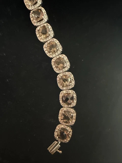 14k White Gold Plated Smokey Round Chocolate Diamond Bracelet 6.5” Lab Created