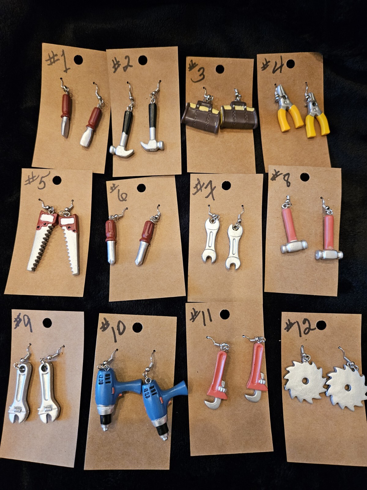 HAND TOOL EARRINGS Colorful, dangle hook, 12 diff. to choose from. ONE OF A KIND
