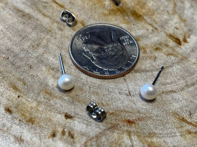 Stud Pearl Stainless Steel Minimalist Earrings, Seashell Color. 5~5.5mm in diam