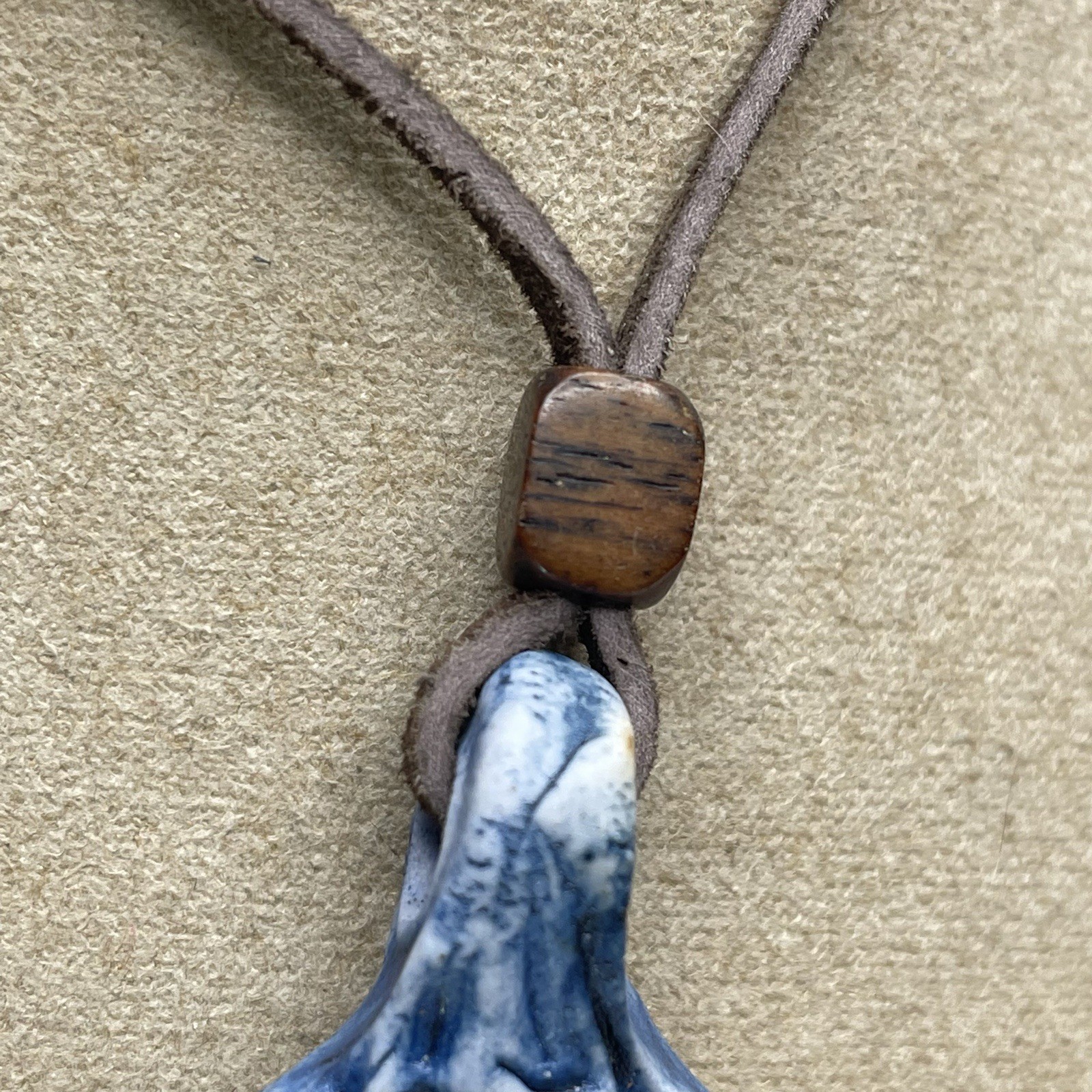 1970s Vintage Cermic Charm necklace Stone Bead Leather Cord Approx 24” Handmade