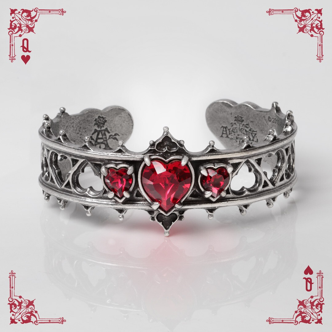 Alchemy Gothic Elizabethan Queen Regal Cuff Bracelet Love Red Crystal Hearts A78