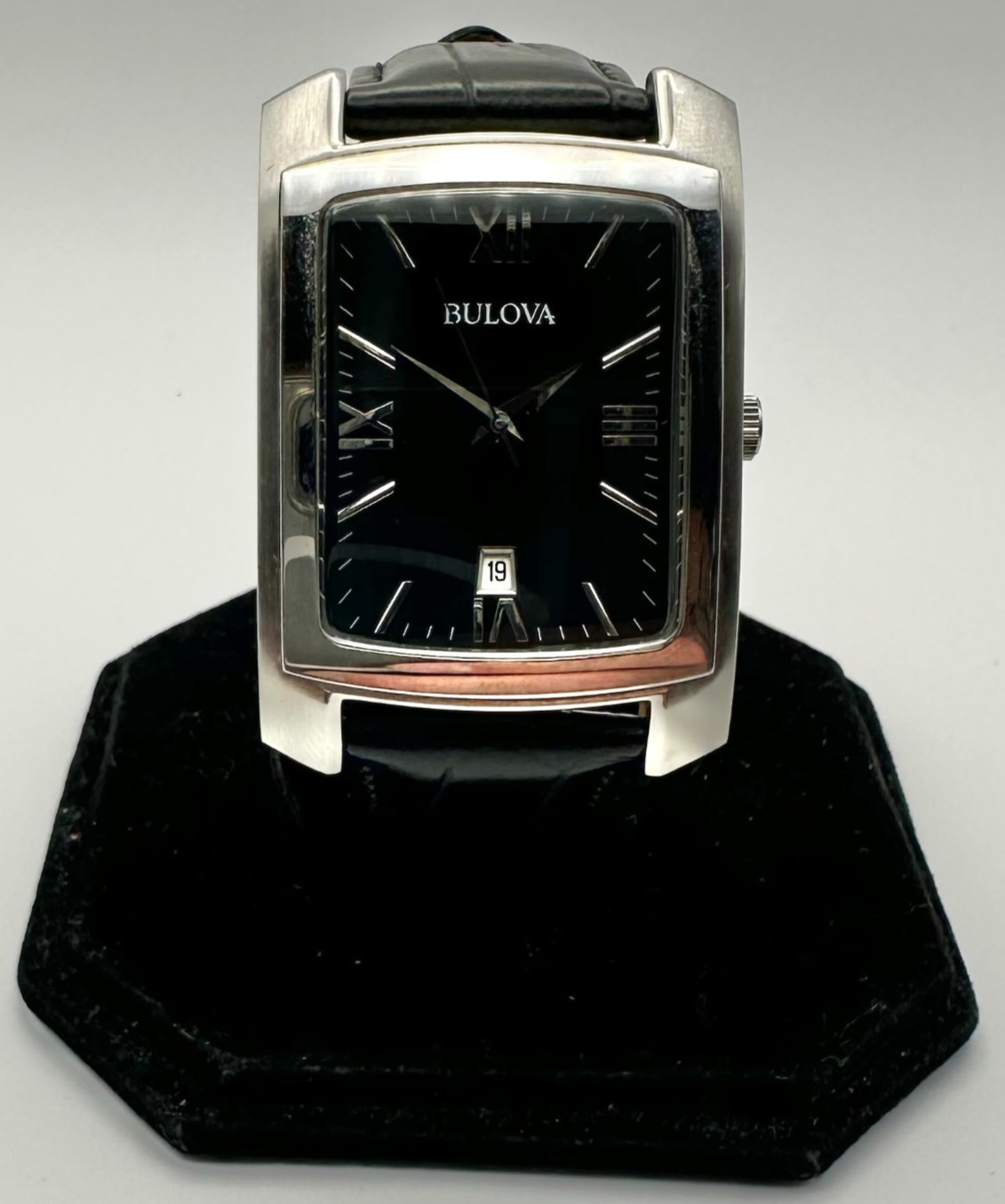 BULOVA Quartz Tank, 31mm Silver-Tone/Black Leather Band, Ref. 96B269; Fast Ship!