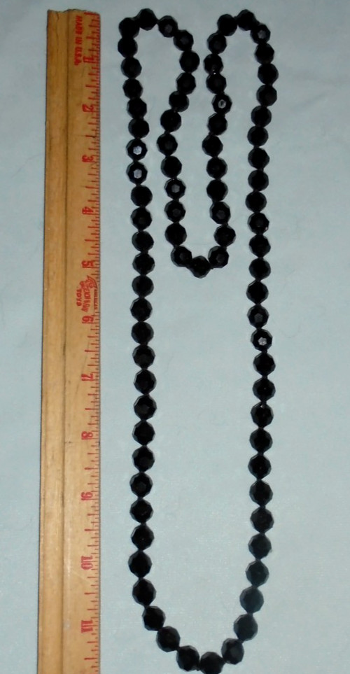 Jet Black Glass Knotted Beaded 36″ Necklace 3/8″ Faceted Beads VTG FREE SHIP
