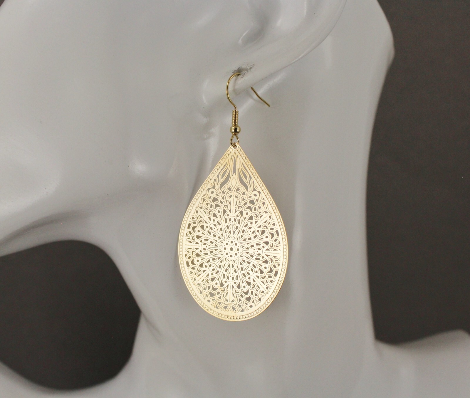 Gold earrings teardrop dangle shiny VERY lightweight filigree earrings 2.5″ long