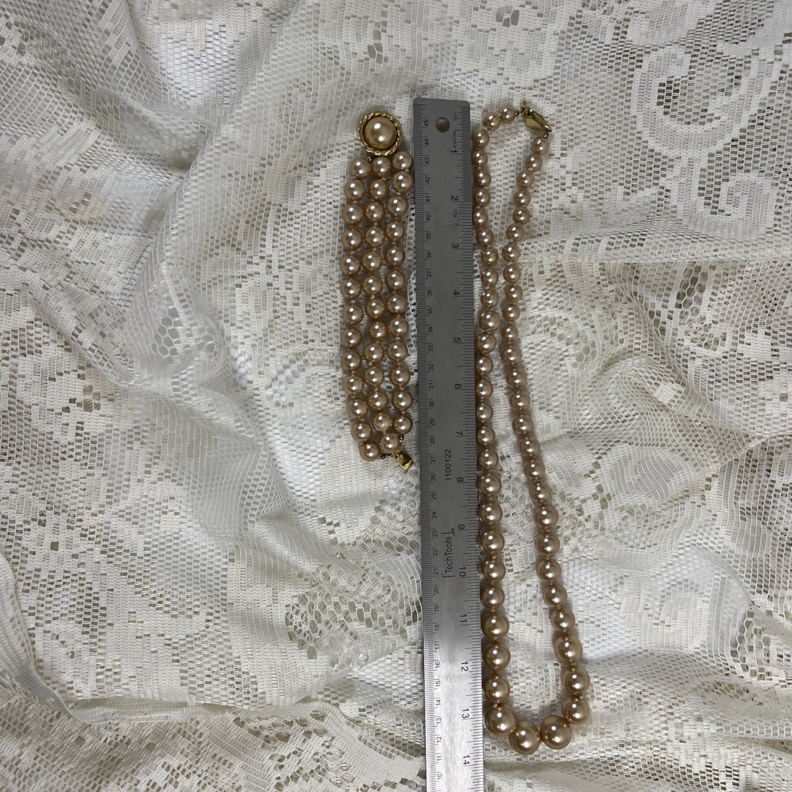 Vintage Champagne Cream Faux Pearl Hand Tied Necklace Graduated & Bracelet