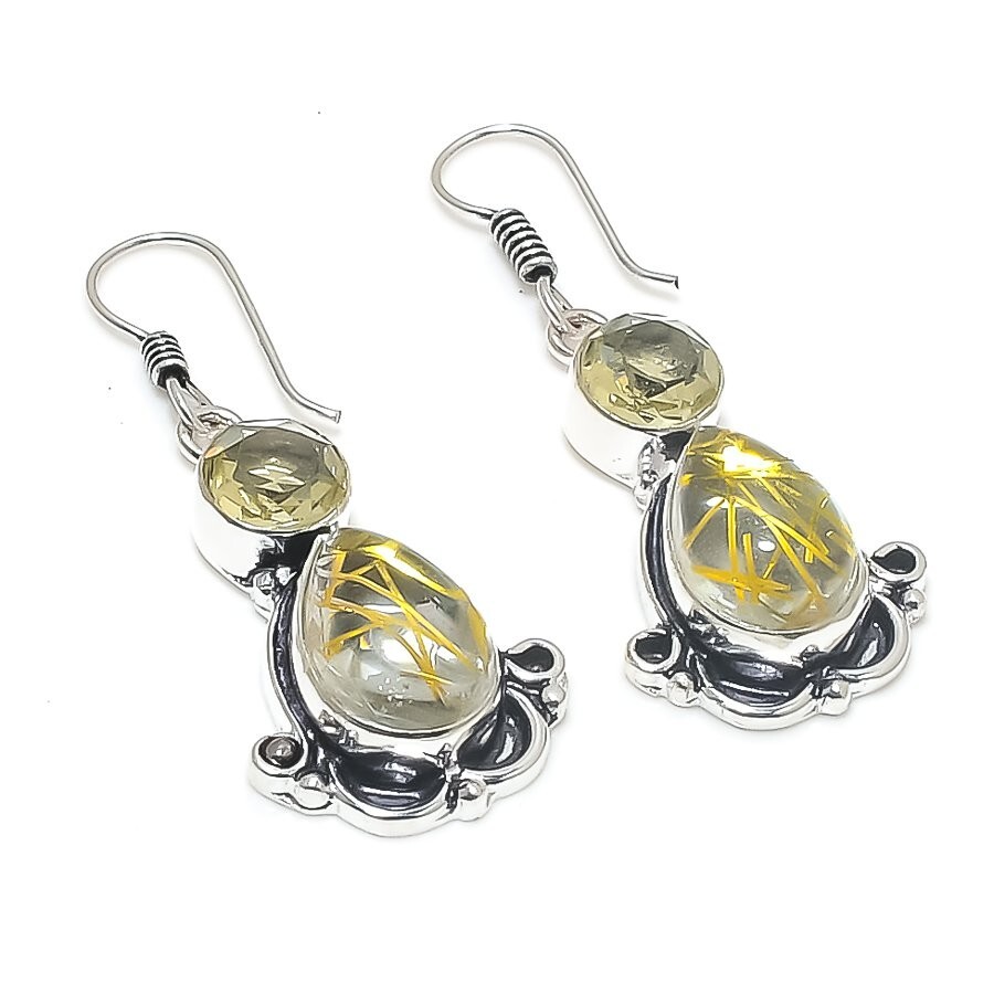 Rutilated Quartz Gemstone Handmade 925 Sterling silver Earring Size 1.95”