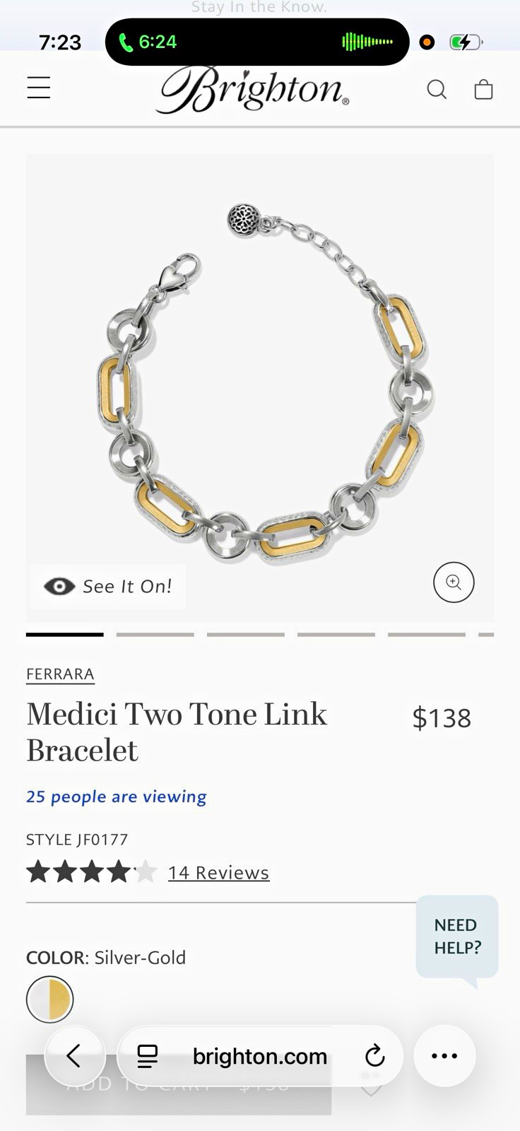 Brighton Medici Two-Tone Link Bracelet Silver/Gold Adjustable 8in JF0177