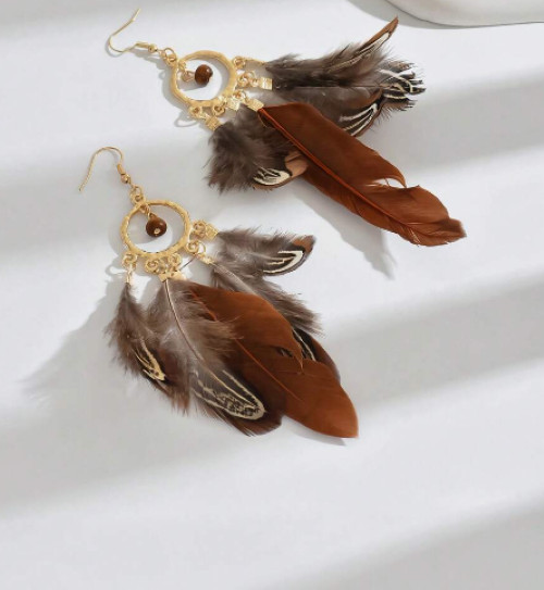 Long Feather Earrings Handmade Custom Mixed Natural Brown BOHO Inspired