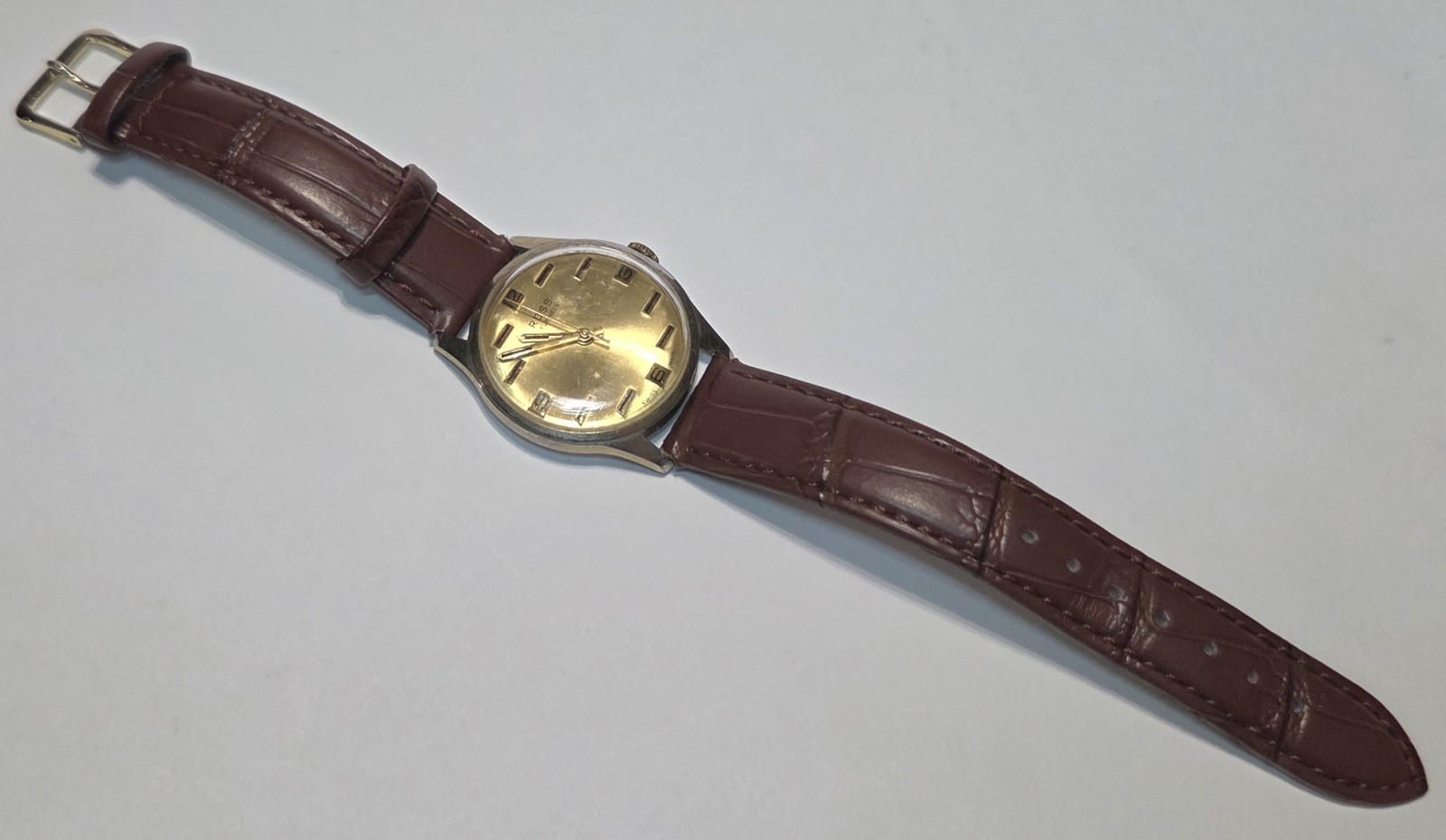 Vintage mid-century retro ROSS Swiss made 17J gents watch gold tone brown strap