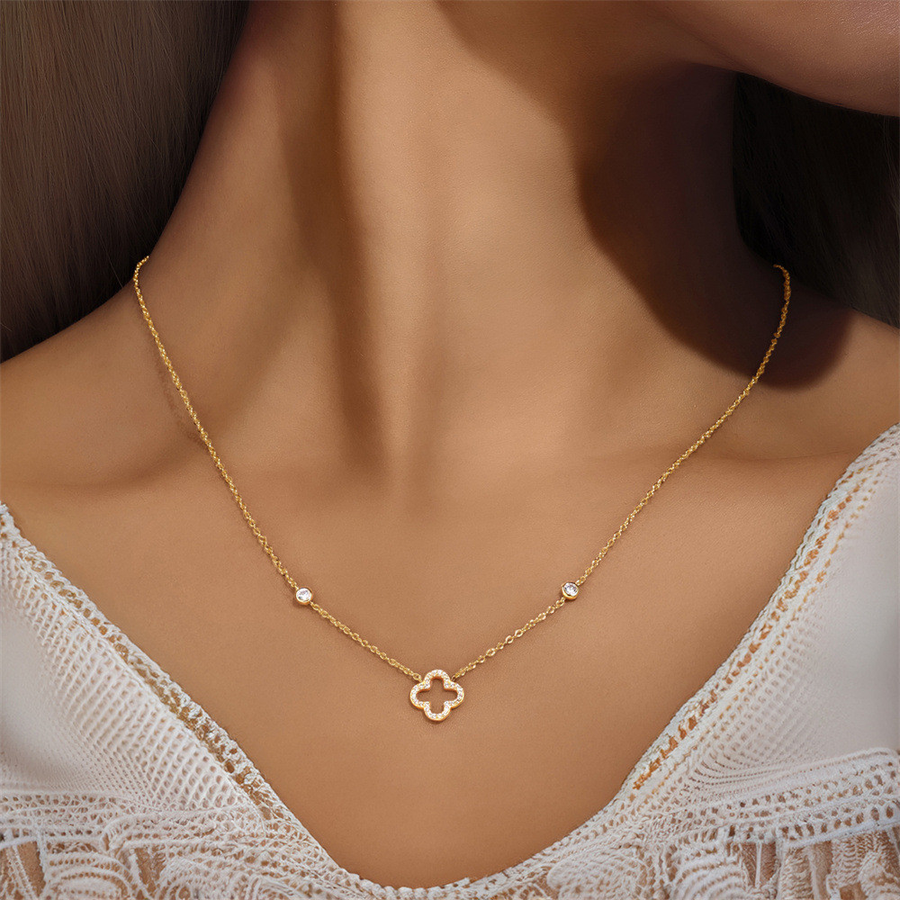 Gold Plated 925 Sterling Silver CZ Four Leaf Clover Pendant Necklace