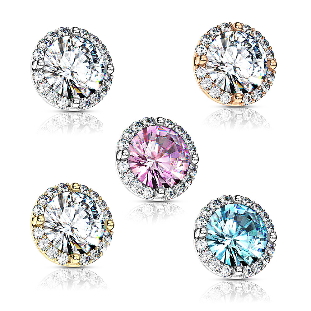 Dermal Anchor Tops with Round Prong Set CZ Center and CZ Around