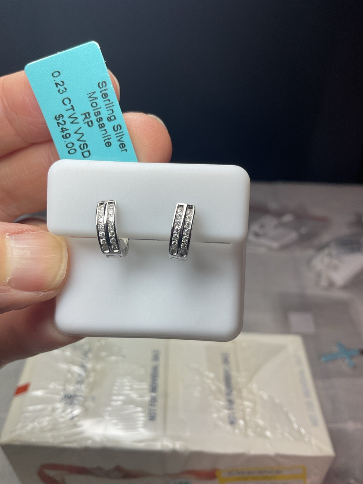 $249 Sterling Silver Moissanite Huggie Hoop Earrings 0.23 CTW