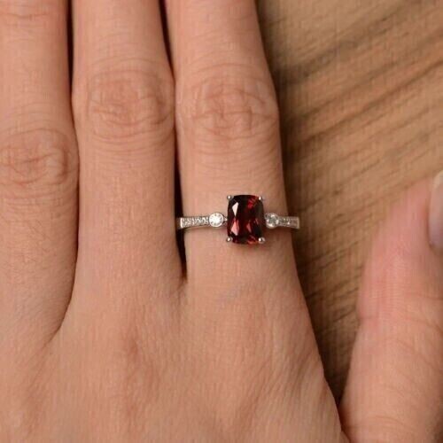 14K White Gold Plated 2.20Ct Cushion Cut Lab Created Red Garnet Engagement Ring