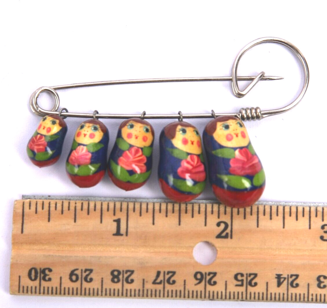 VTG Russian Matryoshka Family Nesting Doll Brooch Pin Blue Roses – Mother’s Day