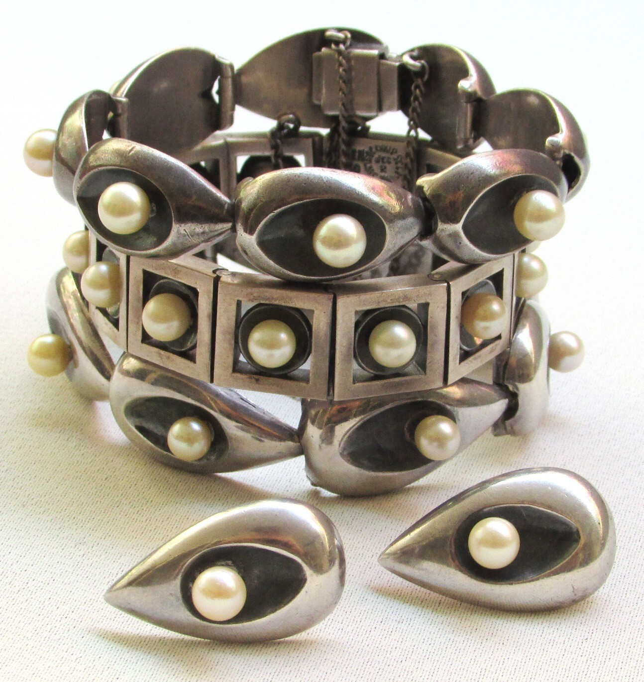 Vtg Sterling 970 Pearl Set of 4 Bracelet Earrings ANTONIO PINEDA Signed 176iy