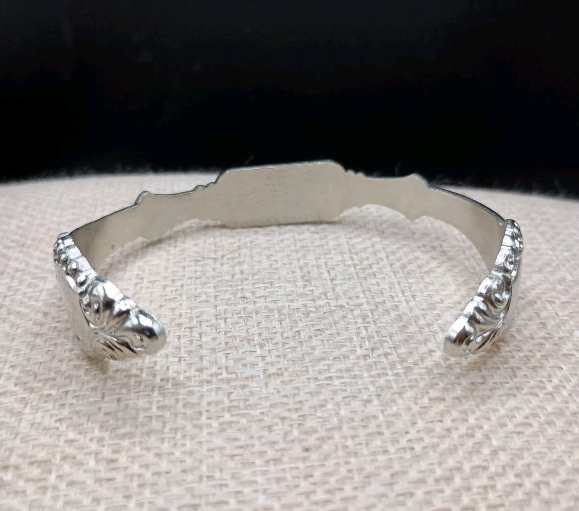 Vintage Spoon Cuff Bracelet ID Engravable Silver Tone Floral Size 5-7 Adjusts
