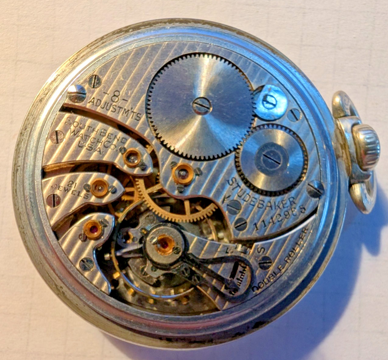 MRA2 – 16s, 21J, South Bend Studebaker Open face Pocket Watch, Running