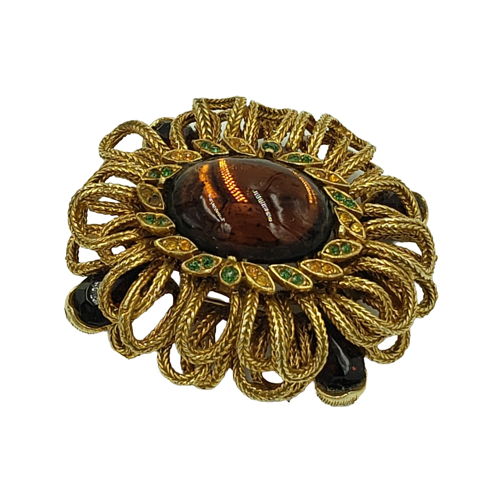 CAPRI Brooch Amber Cabochon Rhinestone Gold Tone Loop Signed Vintage