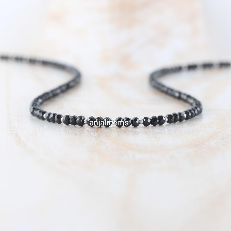 AA+ Natural Black Sapphire Gemstone Beads Necklace In 925 Silver Woman Jewelry A