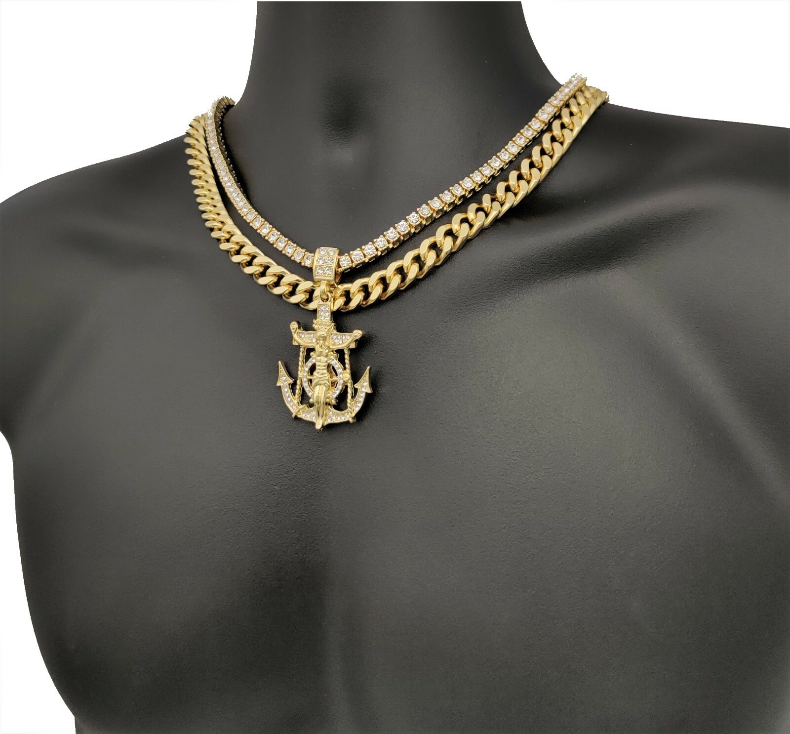Jesus Anchor Pendant w 18″ Tennis & Cuban Link Chain Necklace Plated CZ Jewelry