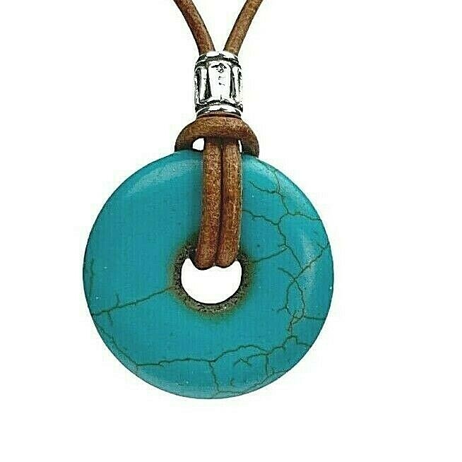 Crackle Turquoise Donut Necklace 30mm Brown Leather Cord Stainless Steel Clasp