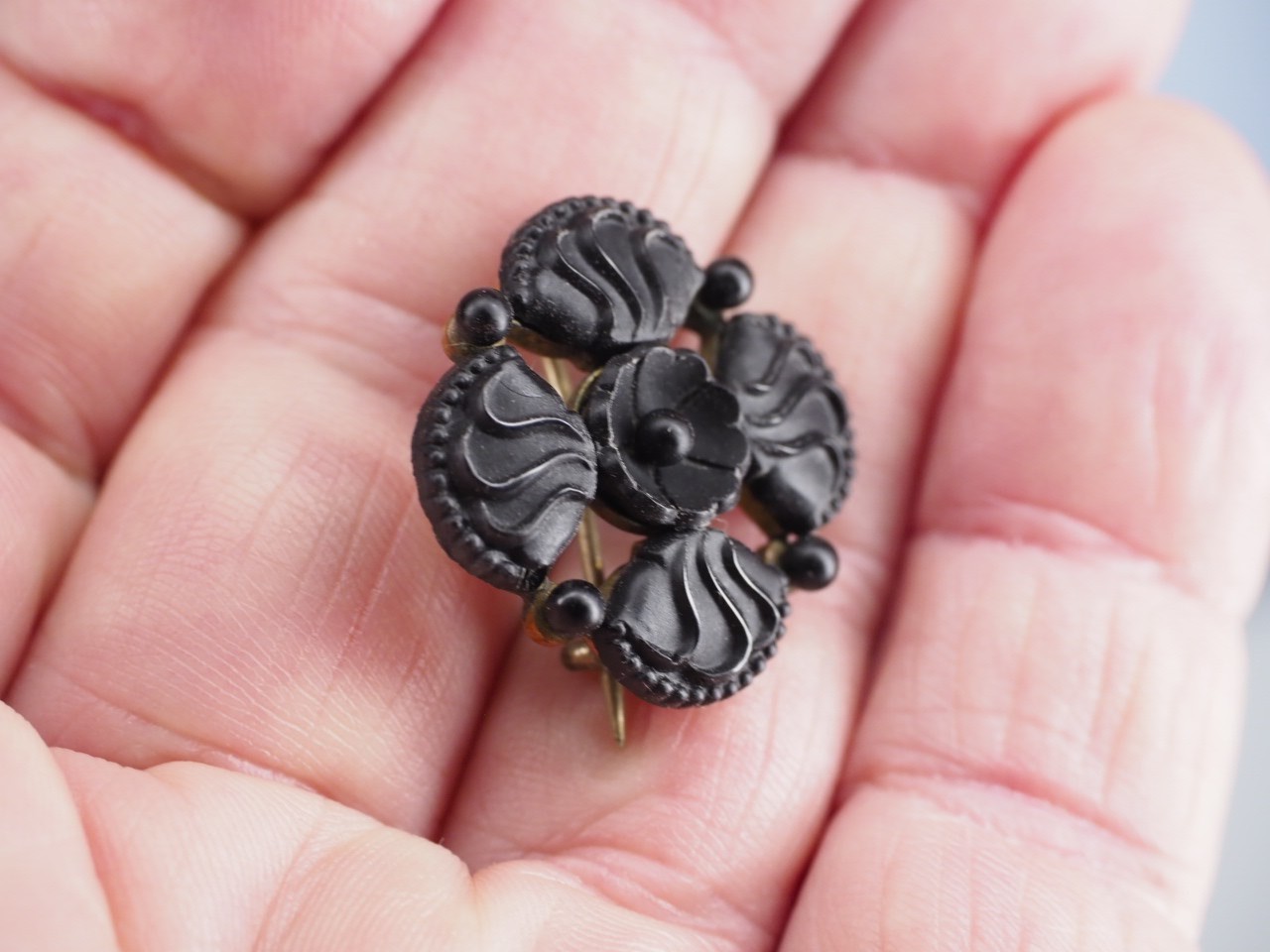 Antique jet Black Carved, Textured Glass Mourning Brooch Victorian Flower Pin