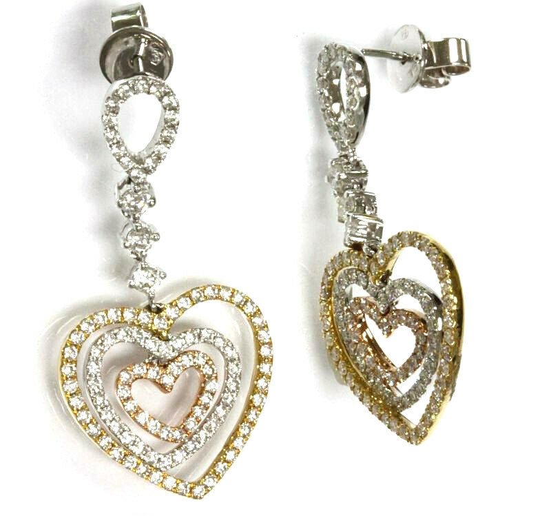 1.65 ctw Natural Diamond Solid 14k 3-Tone Gold Long Heart Dangle Earrings 1.3″ L