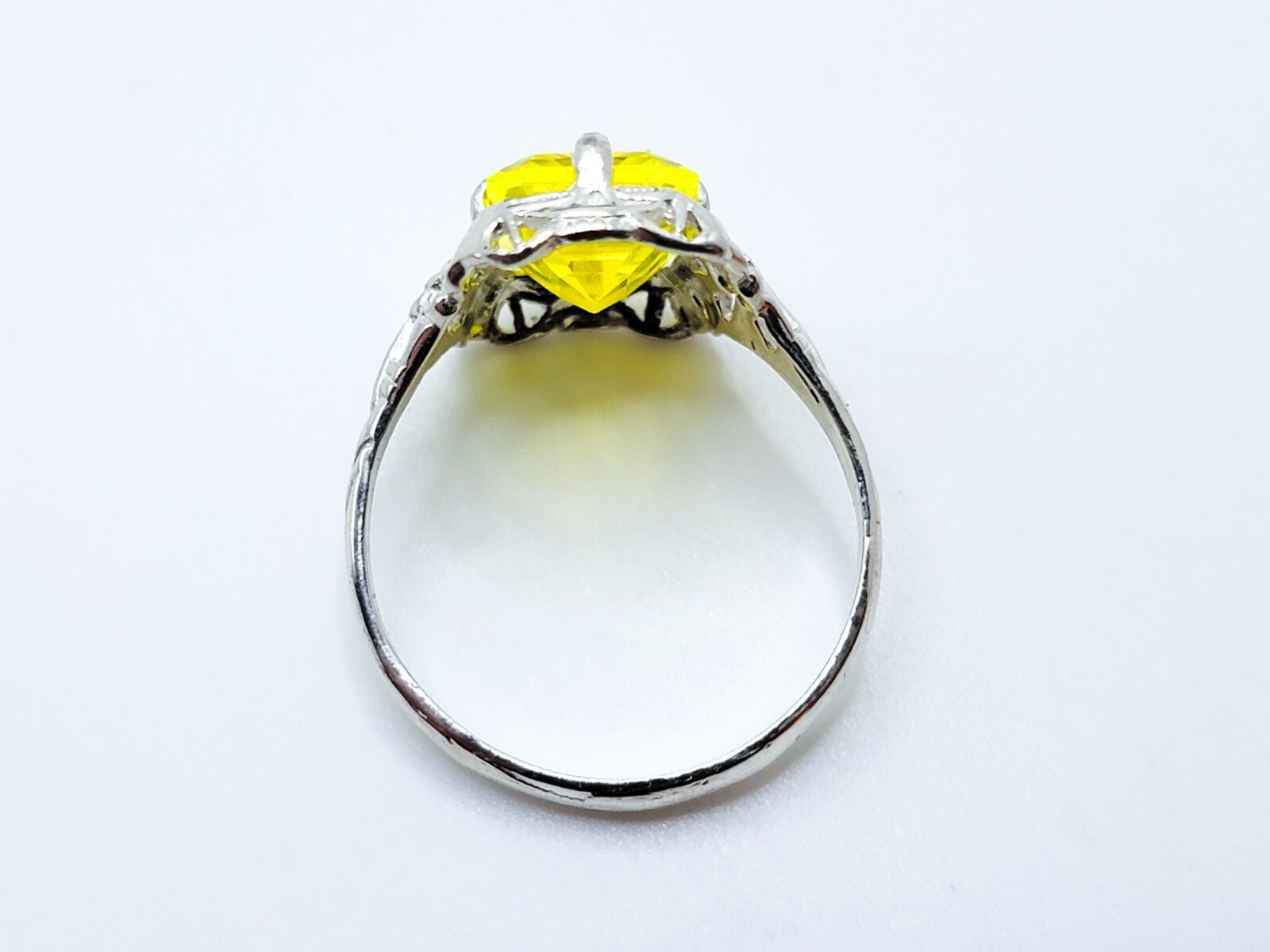 Sterling YAG Ring UV Yellow Yttrium Aluminum Garnet Emerald Cut Floral Filigree