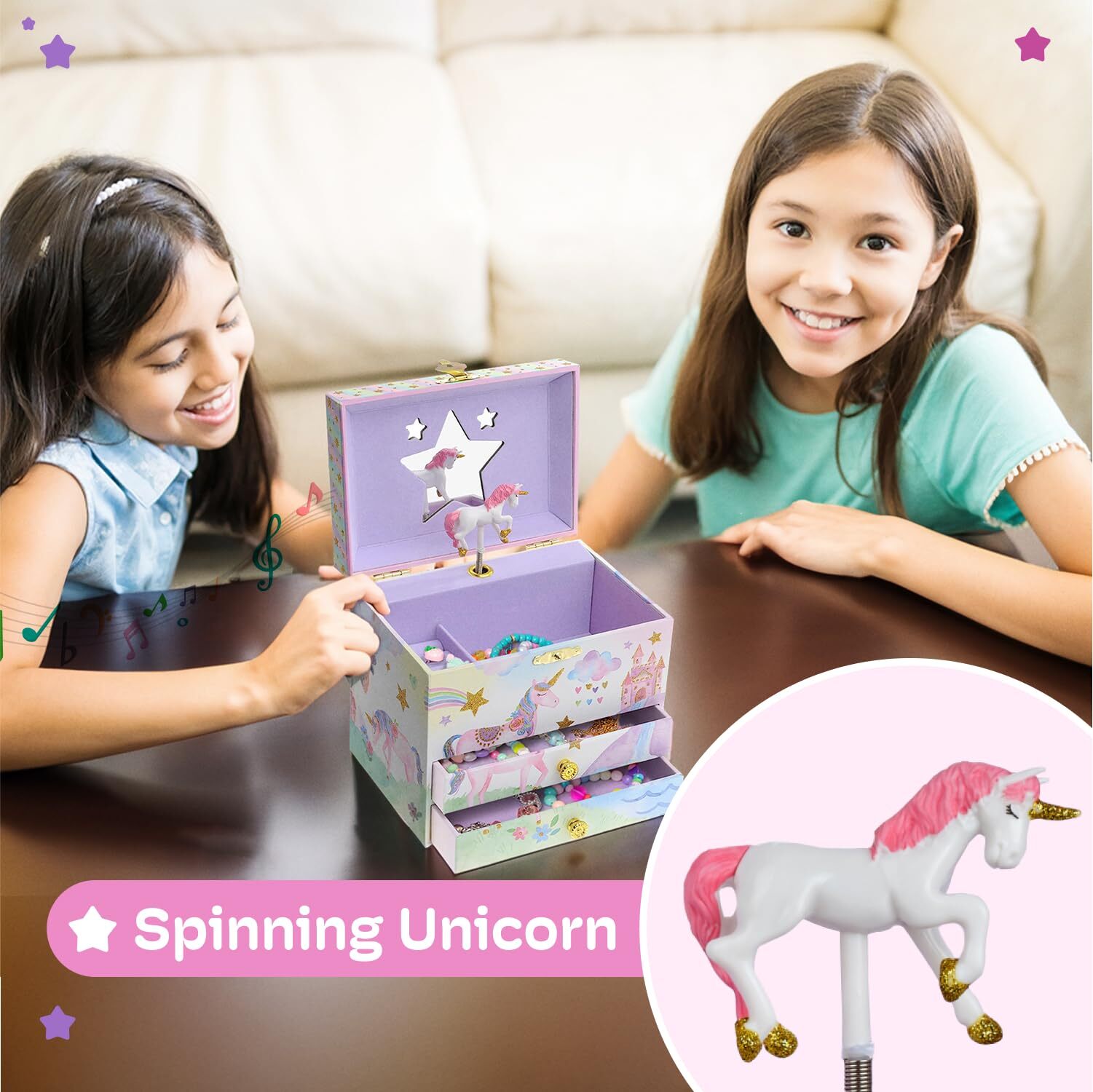 Jewelkeeper Jewelry Box for Girls with 2 Drawers – Unicorn Music Box with Gli…