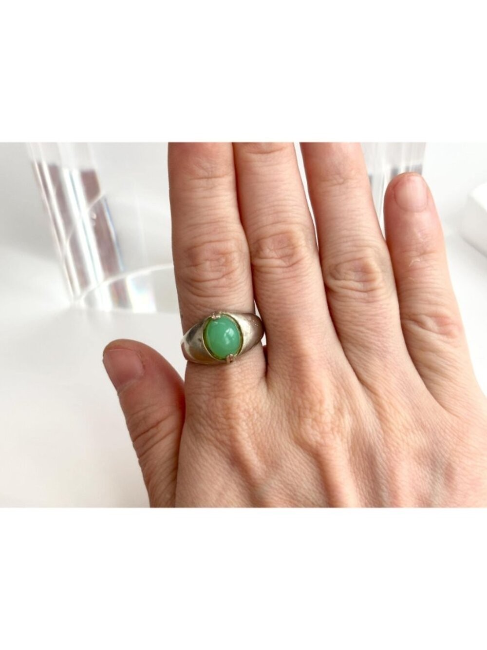 Green Chrysoprase Cabochon Oval Sterling Silver 925 Vintage Ring – sz 9.25