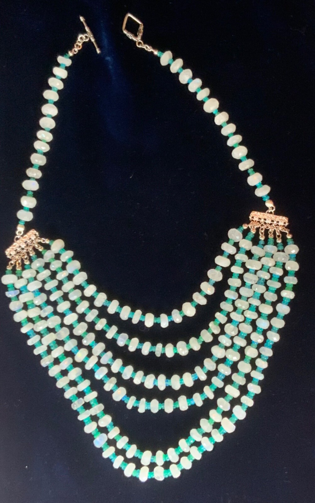 SS .925 MOONSTONE & APATITE 5 STRAND NECKLACE EARRINGS AND SET NEW DESIGN