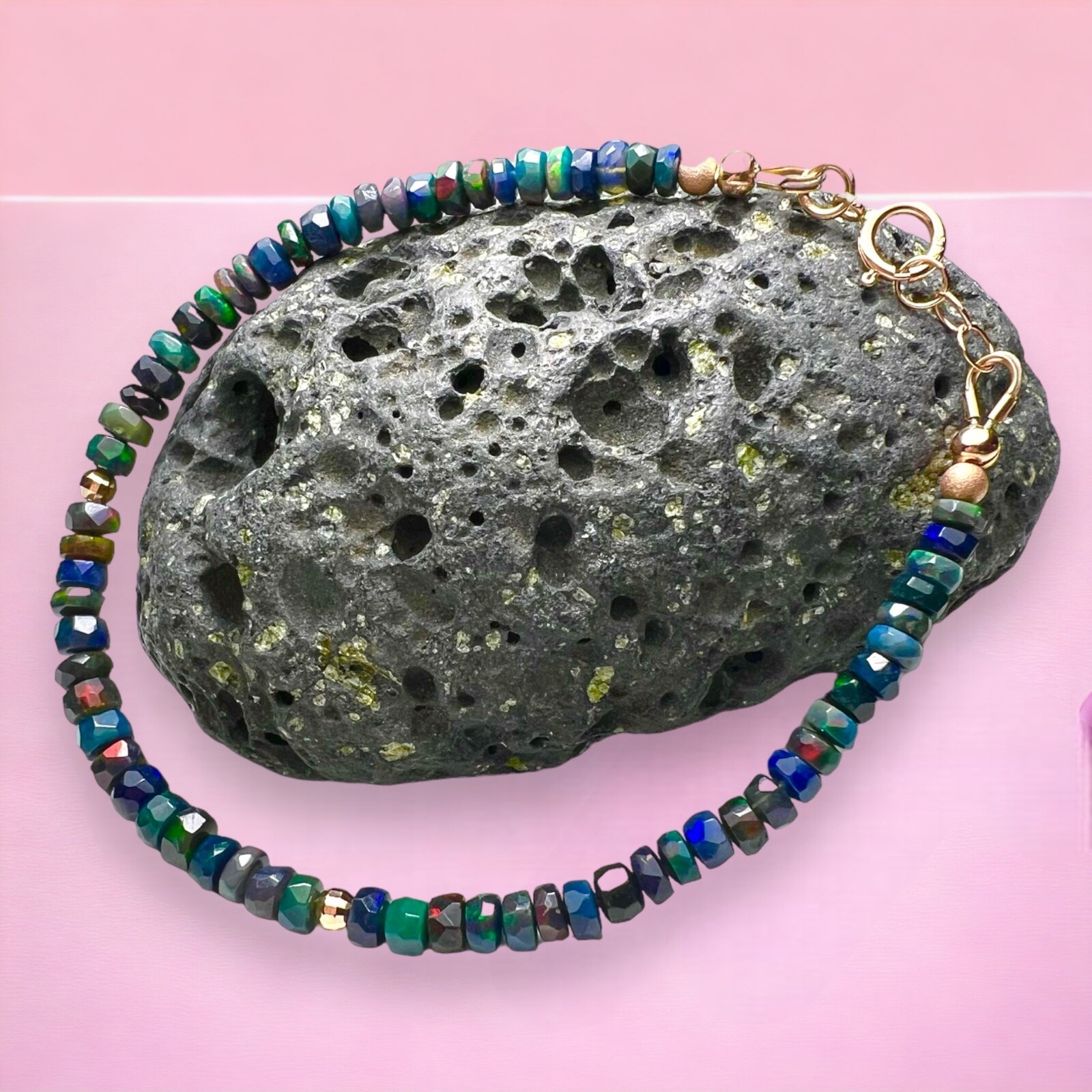 Handmade Solid 14k 585 Rose Gold Natural Black Opal Bracelet 7.32″ – 7.68″