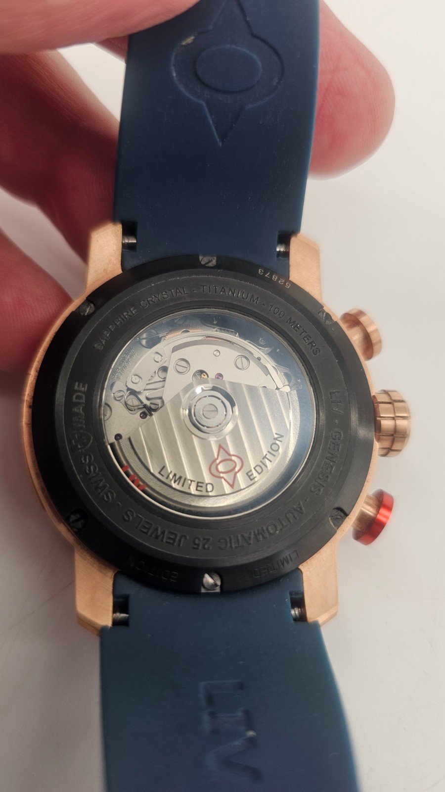 LIV P-51 Rose Titanium 46mm Blue Day Date Automatic Chrono Watch Limited 465/500