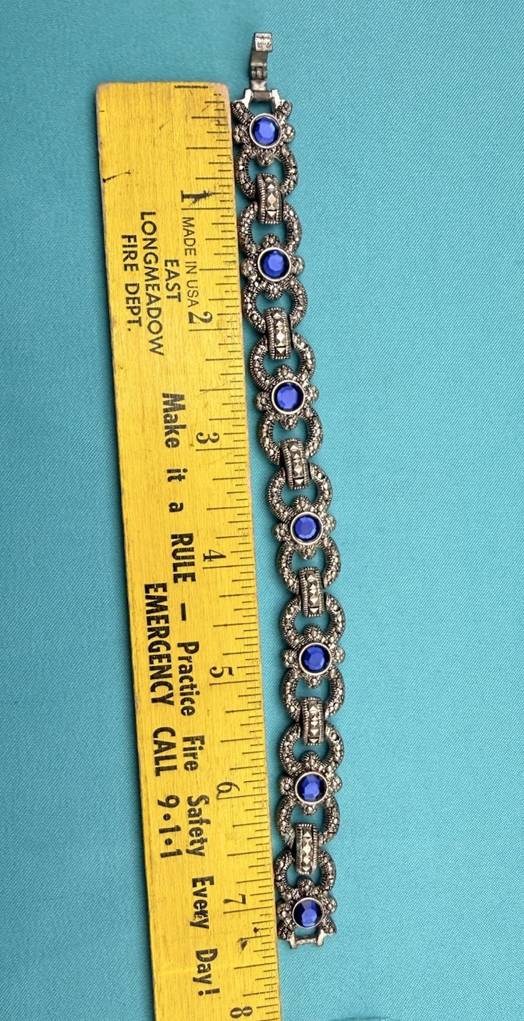 Art Deco Style Bracelet Moisonnite, Blue Saphhire Colored Cystals Silver 7.5”