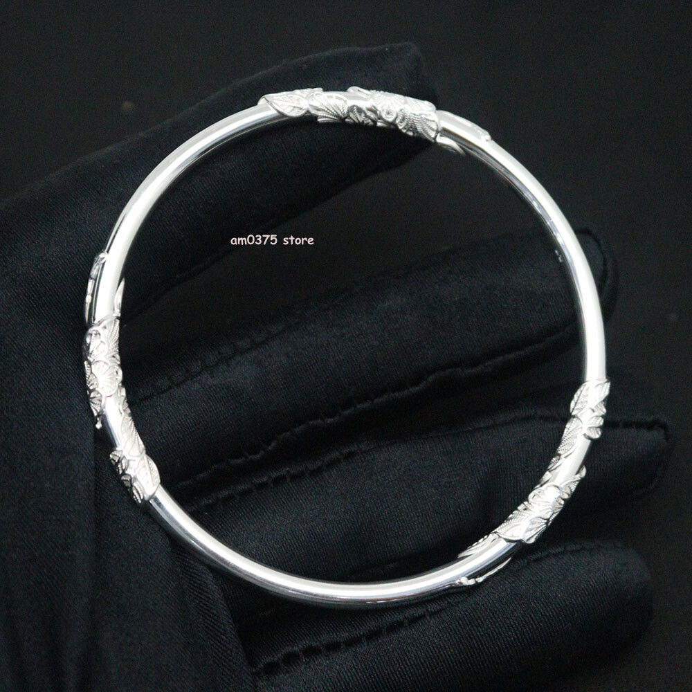Pure 999 Fine Silver Bracelet Women‘s Filigree Leaf Closed Bangle 2.44inchDia