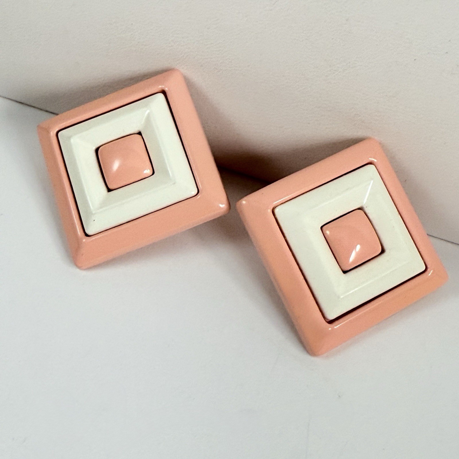 Vintage Pink & White Square Plastic Resin Pierced Earrings