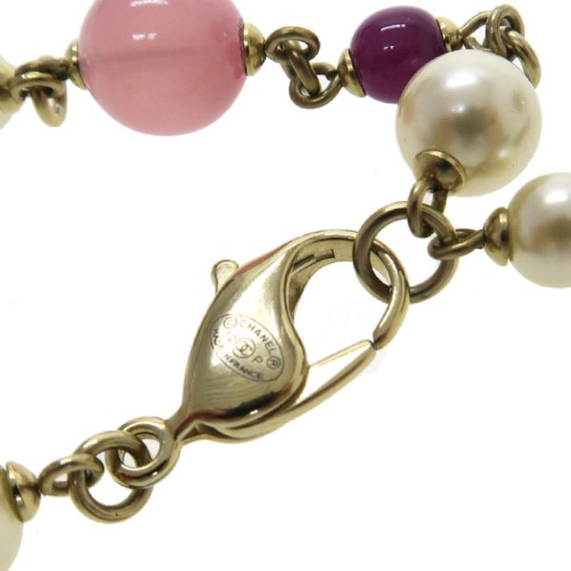 CHANEL CC Logo Multicolor Stone Pearl Bracelet 6.5″ Gold Tone 12P Auth #6767F