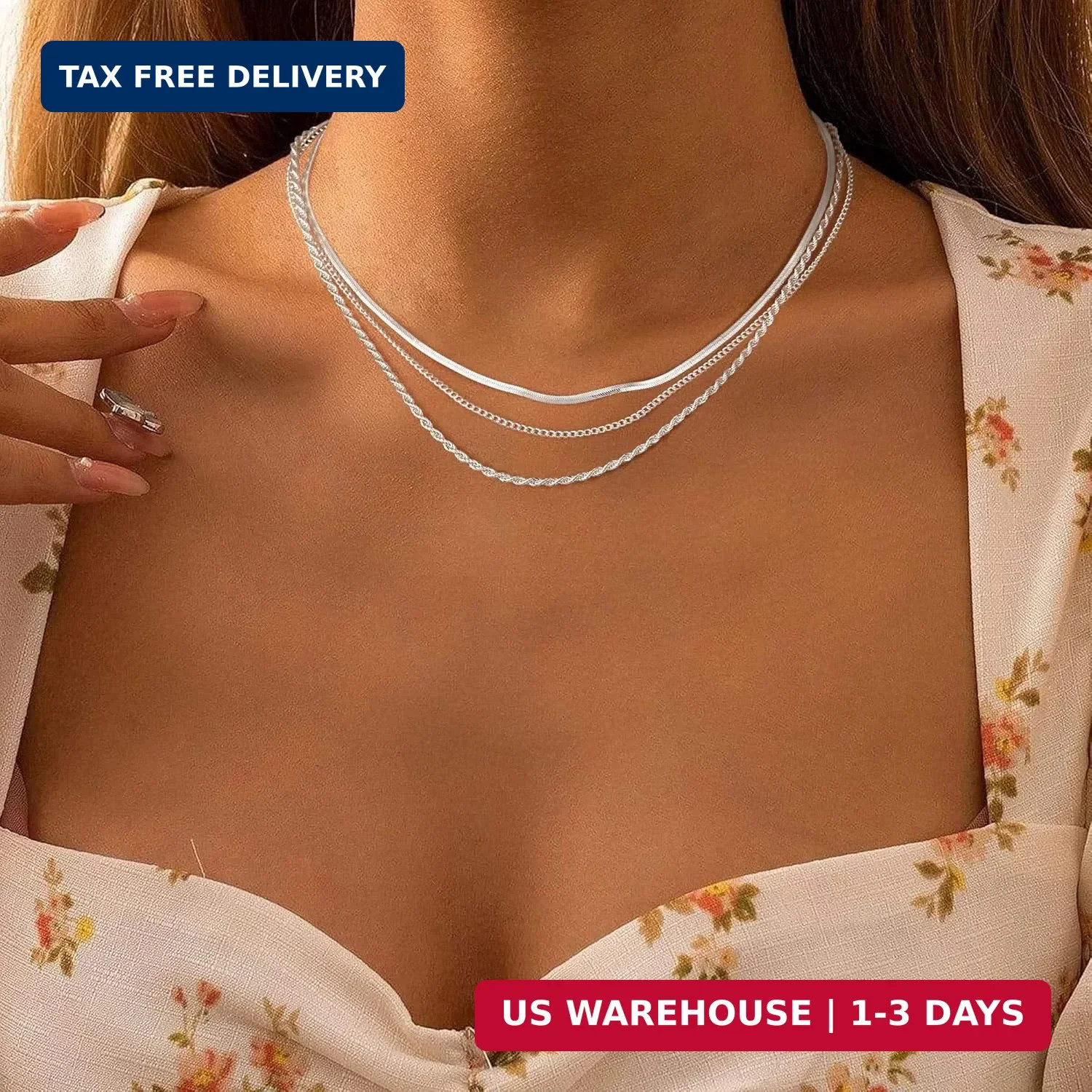 Freekiss Layered Necklace Set for Women Stackable Herringbone Snake Cuban Rope C
