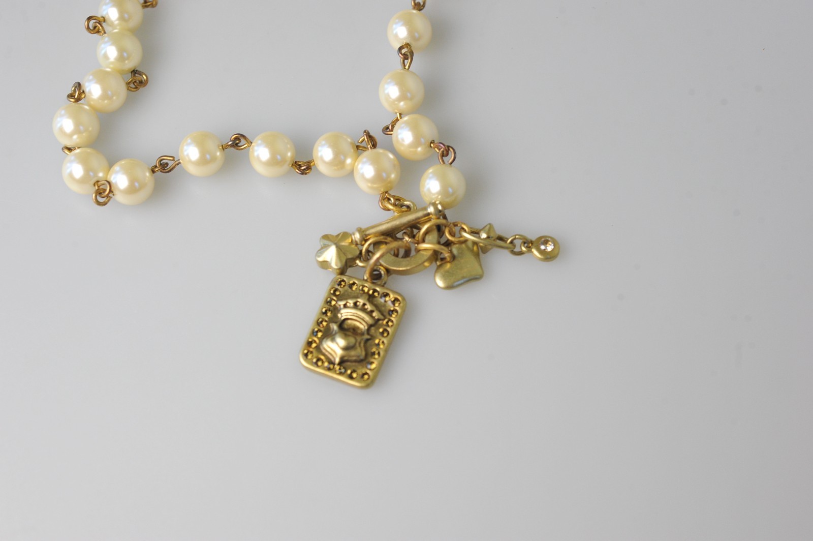 CAbi Necklace Gold Tone Rhinestone Faux Pearl charms dangle statement A