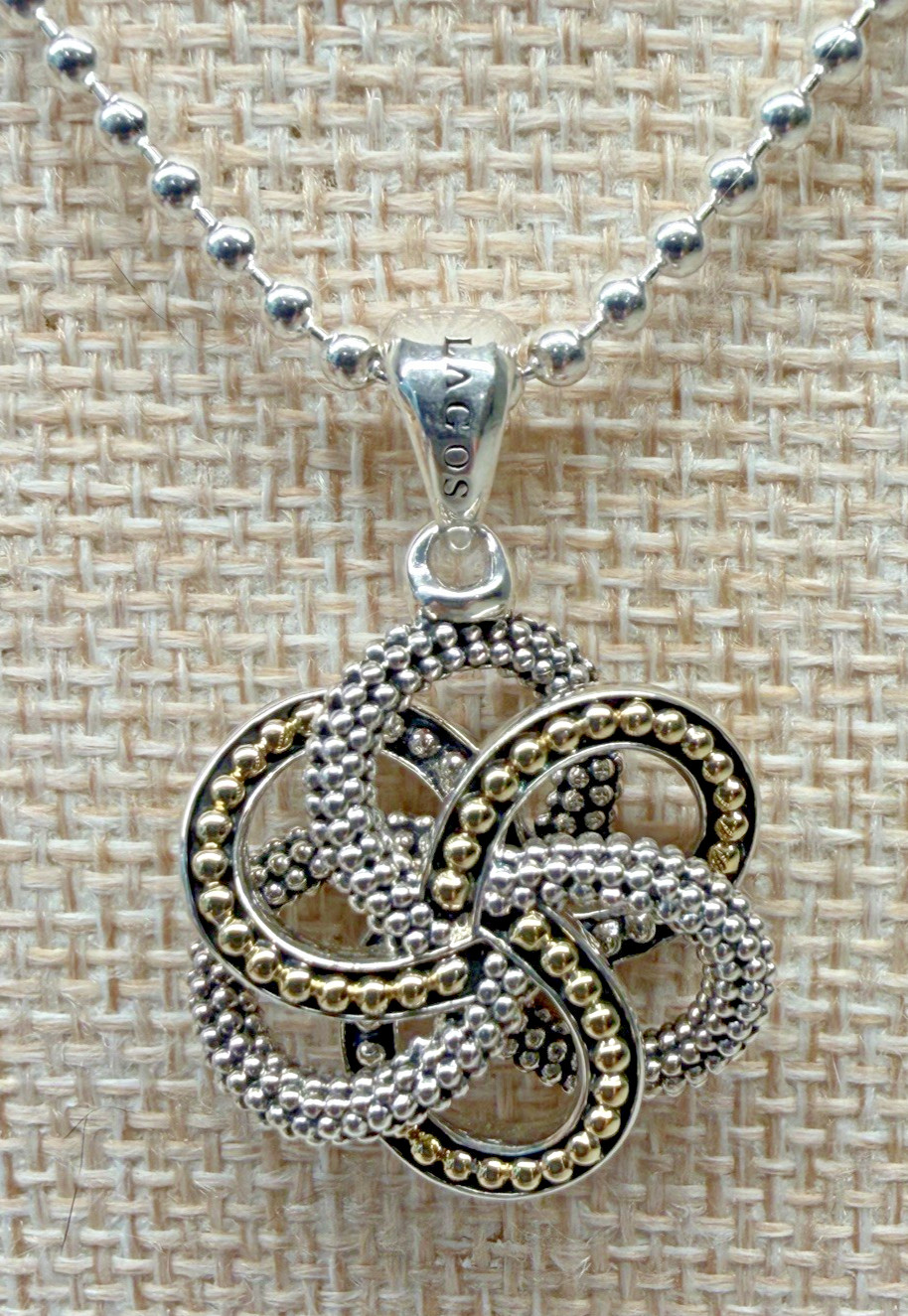 LAGOS LARGE LOVE KNOT TWO-TONE SILVER 18K GOLD PENDANT NECKLACE