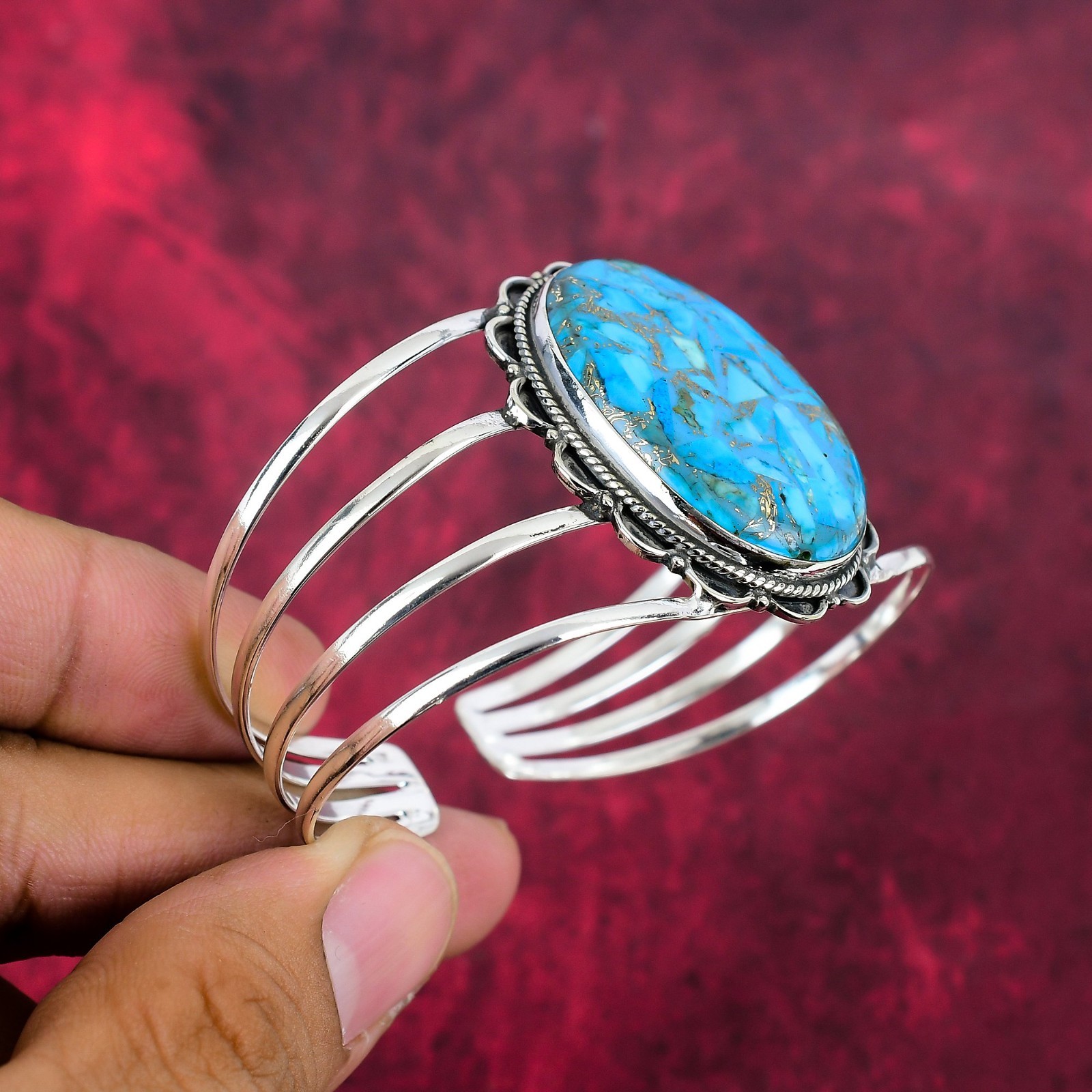 Copper Blue Turquoise Gemstone Handmade 925 Silver Adjustable Bangle Jewelry